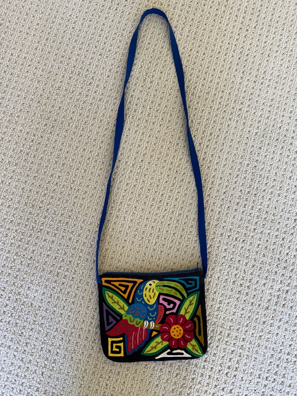 Embroidered Toucan Cloth Crossbody Bag in Blue